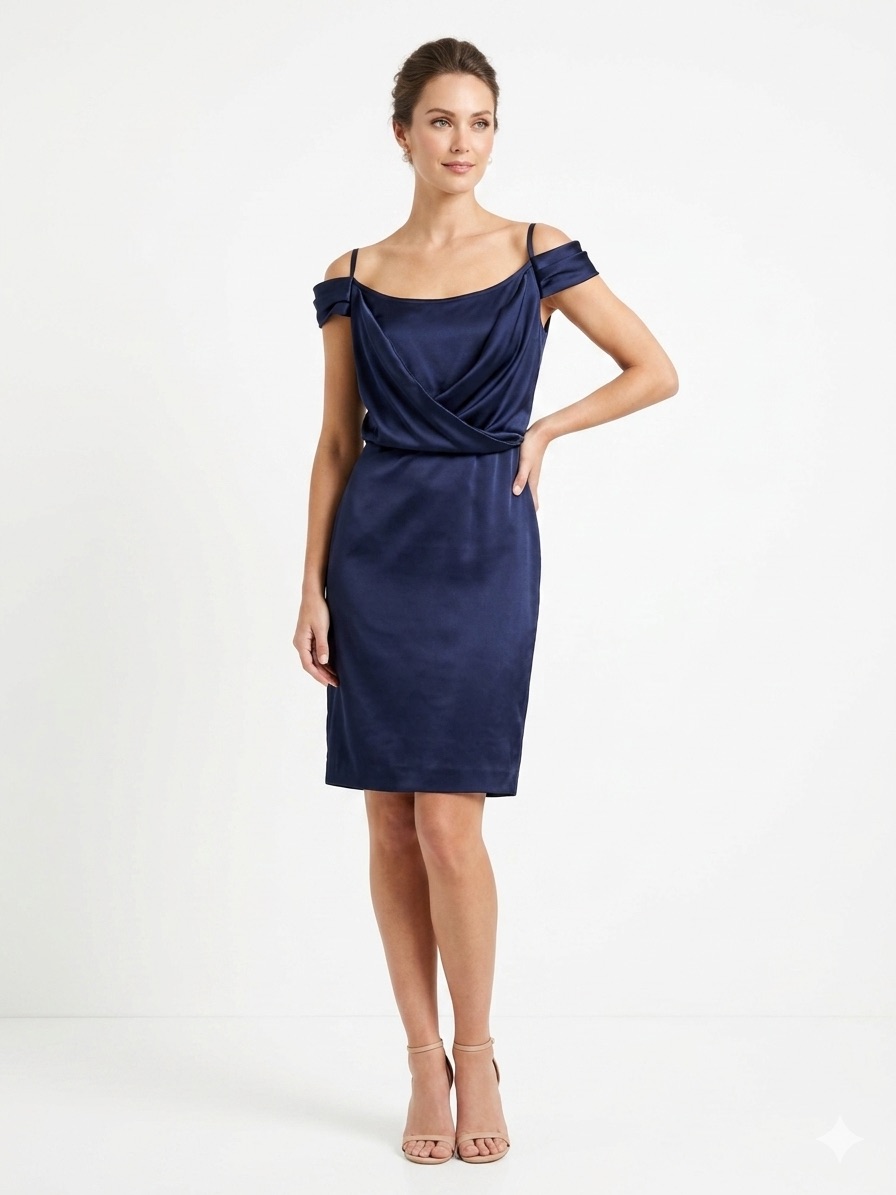 St John Navy Blue Cold-Shoulder Draped Cross-Over Satin Cocktail Dress Size 10